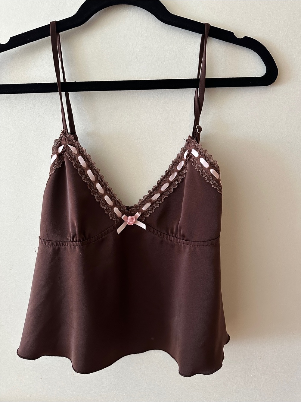 Motel Rocks Women's Brown Satin Lace Trim Cami with Pink Ribbon